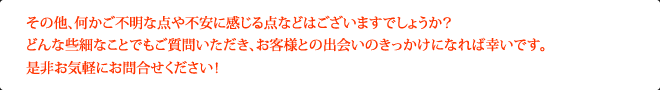 その他、何かご不明な点や不安に感じる点などはございますでしょうか？どんな些細なことでもご質問いただき、お客様との出会いのきっかけになれば幸いです。是非お気軽にお問合せください！